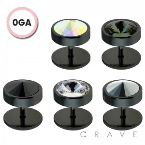 BLACK TITANIUM IP OVER 316L SURGICAL STEEL 0GA FAKE PLUG WITH SWAROVSKI GEM STONE